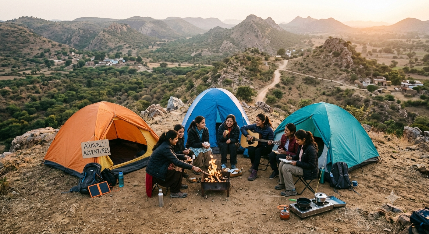 Camping tents under starry sky, Aravalli hills camping site near Delhi NCR