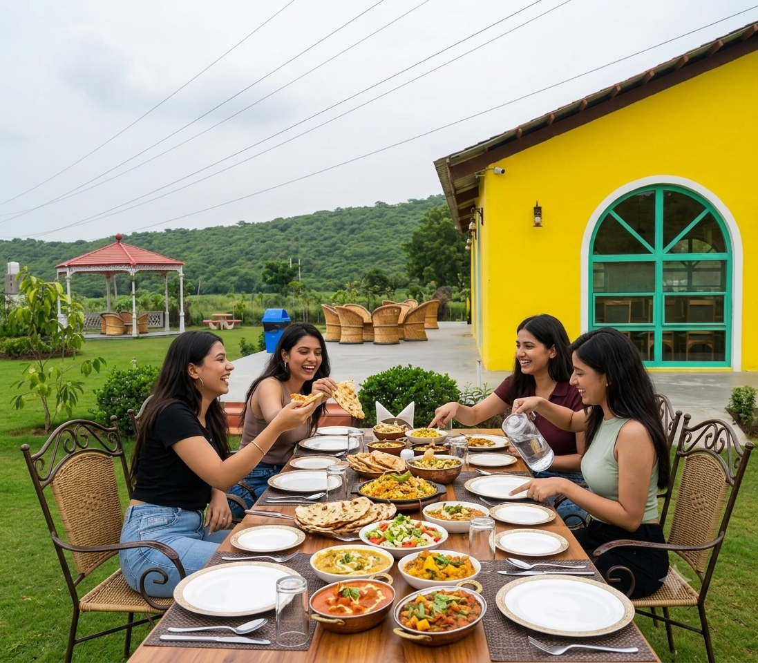 Outdoor cafe seating with food near Aravalli Hills Gurgaon picnic spot